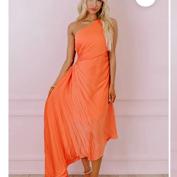 Dream Coral Pleated Satin One Shoulder Dream Destination Midi Dress NWT NY&C M - Picture 2 of 13